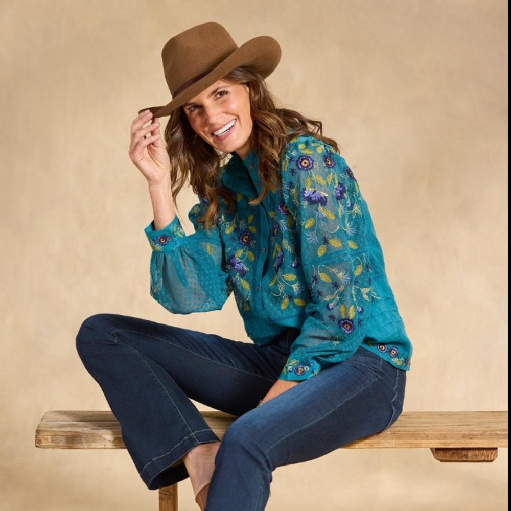 SUNDANCE Teal Beaumont Blooms Top Embroidered Lined Blouse Floral Romantic Small